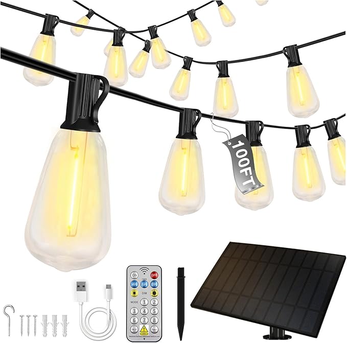 DAYBETTER100ft Solar String Lights Outdoor Waterproof, 50 Bulbs 2700K Warm White Energy-Saving, Solar String Lights for Garden, Patio, Backyard - Perfect for Homeowners