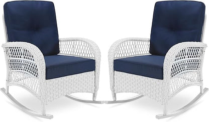 VIVIJASON 2 Piece Patio Wicker Rattan Rocker Chair, Outdoor Rattan Rocker Chair with Cushions & Steel Frame, All-Weather Rocking Lawn Wicker Furniture for Garden Backyard Porch (White/Navy Blue)