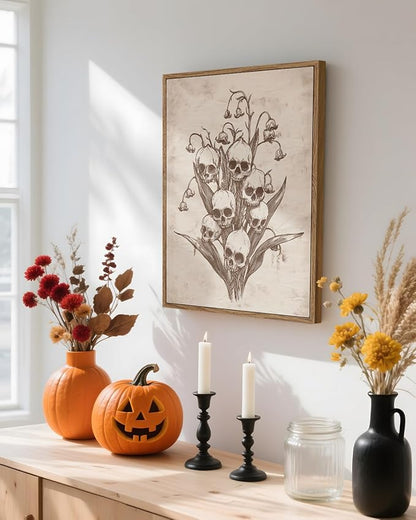 InSimSea Framed Canvas Prints Art Vintage Decor, Gothic Skull Flowers Painting, Rustic Dark Academia Wall Art for Bathroom, Halloween Living Room Witchy Room Wall Cottagecore Decor, 12x16inch