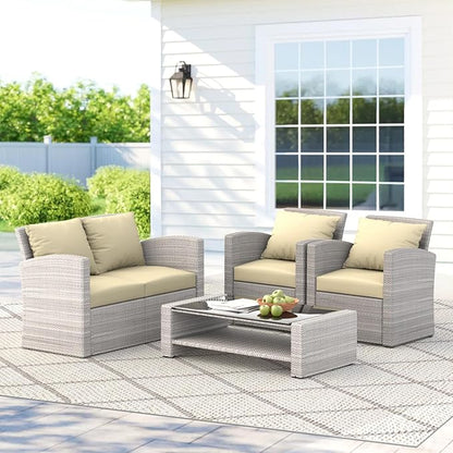 4 Piece Patio Furniture Set,Outside Rattan Sectional Sofa,Wicker Conversation Set with Cushion and Glass Coffee Table,Wicker Sofa Ideal for Garden,Porch,Beige