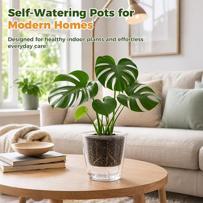 Clear Self Watering Pots for Indoor Plants, 6-Pack 6.7'' Clear Plant Pots with Drainage, Self Watering Planter, African Violet Pot, Semi Hydroponic Pot for Orchids, Flowers, Herbs