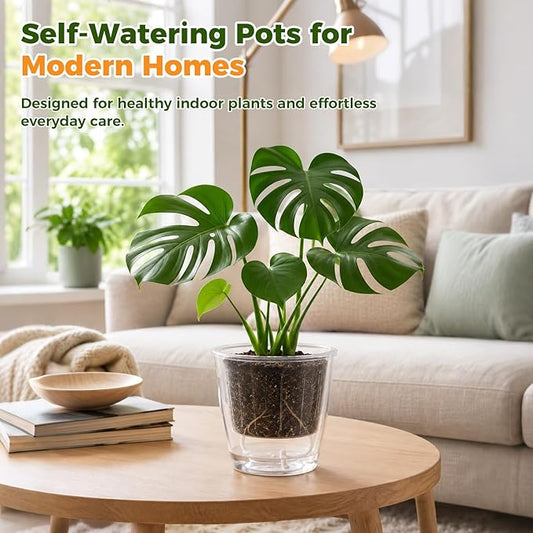 Clear Self Watering Pots for Indoor Plants, 6-Pack 6.7'' Clear Plant Pots with Drainage, Self Watering Planter, African Violet Pot, Semi Hydroponic Pot for Orchids, Flowers, Herbs