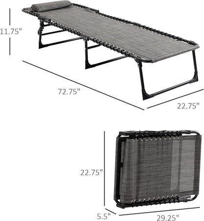 Outdoor Lounge Chair, Tanning Chair with Sunshade Roof, Adjustable Backrest Folding Chaise Lounge with Pillow Headrest for Outside, Beach, Camping, Hiking (No Sunshade Roof, Light Gray)