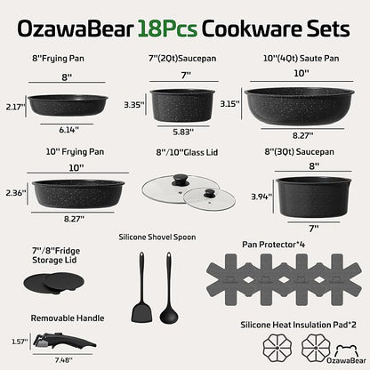 18 Pcs Pots and Pans Set Non Stick, Ceramic Cookware Set Non Toxic with Detachable Handles, Healthy Induction Cookware Oven Safe RV Kitchen Set, PFAS PFOA & PTFE Free, Black