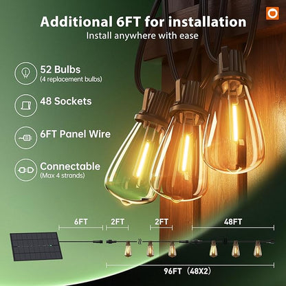 addlon 102FT(96+6) LED Solar String Lights Outdoor Waterproof, 48+4 Shatterproof Edison Bulbs, 3 Modes, Timeable, Dimmable, Outdoor Lights Solar Powered Patio Hanging Solar Lights for Outside Garden