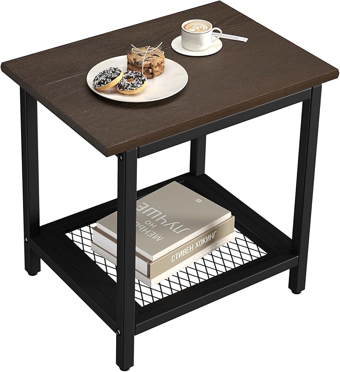 2-Tier Outdoor Side Table with Storage, Weather Resistant Patio End Table, HDPS Small Accent Table for Deck, Garden, Pool, Backyard, Brown 2pcs