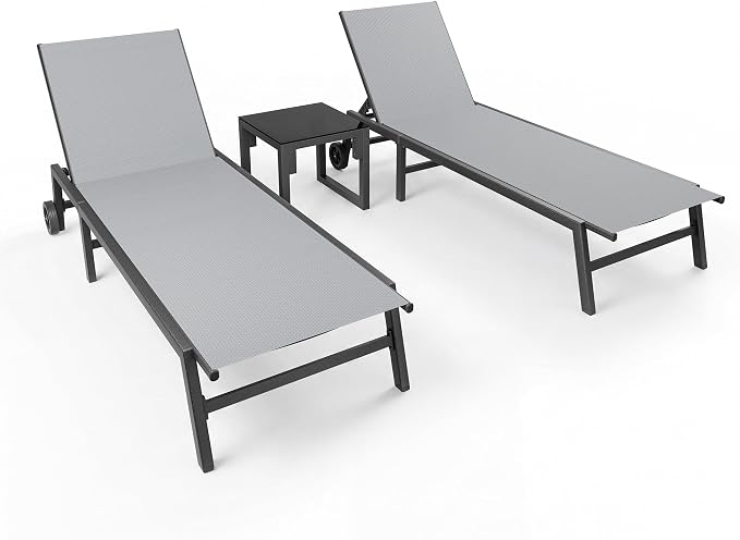 UDPATIO Outdoor Lounge Chairs Set of 2 with Side Table Poolside Chaise Lounge Chair with Wheels 5-Position Backrest Reclining Rust Free for Patio Deck