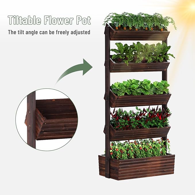 Vertical Wooden Raised Garden Bed, Garden Planters Freestanding Wood Plant Stand Flower Rack Wooden Planter Box for Plants Herbs Flowers Vegetables Outdoor Indoor Gardening (5-Tier Carbonized)
