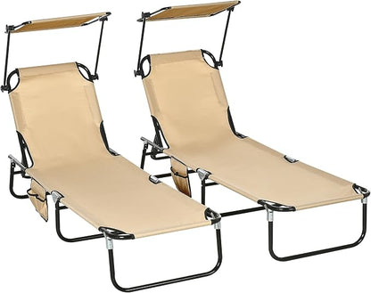 Outsunny Folding Chaise Lounge Pool Lounge Chairs Set of 2, Outdoor Sun Tanning Chairs with Canopy Shade, Reclining Back, Steel Frame and Side Pocket for Beach, Yard, Patio, Tan