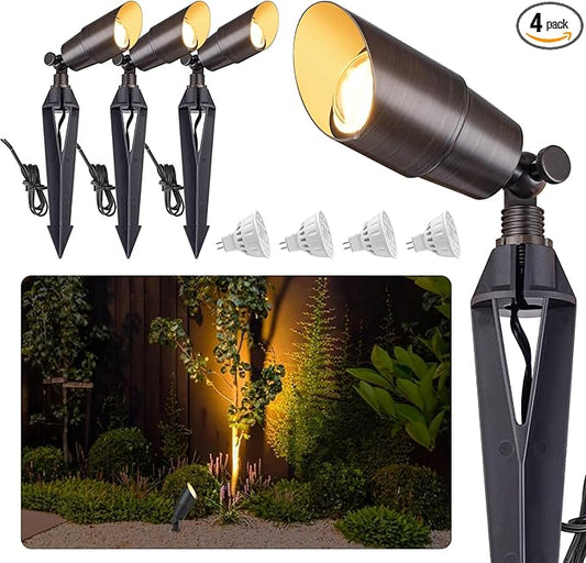Brass Landscape Spotlights: Solid Brass Landscape Lights, Waterproof 12V Low Voltage Spot Lights with 5W MR16 LED Bulb (Warm White) for Garden, Patio, Lawn & Yard 4-Pack