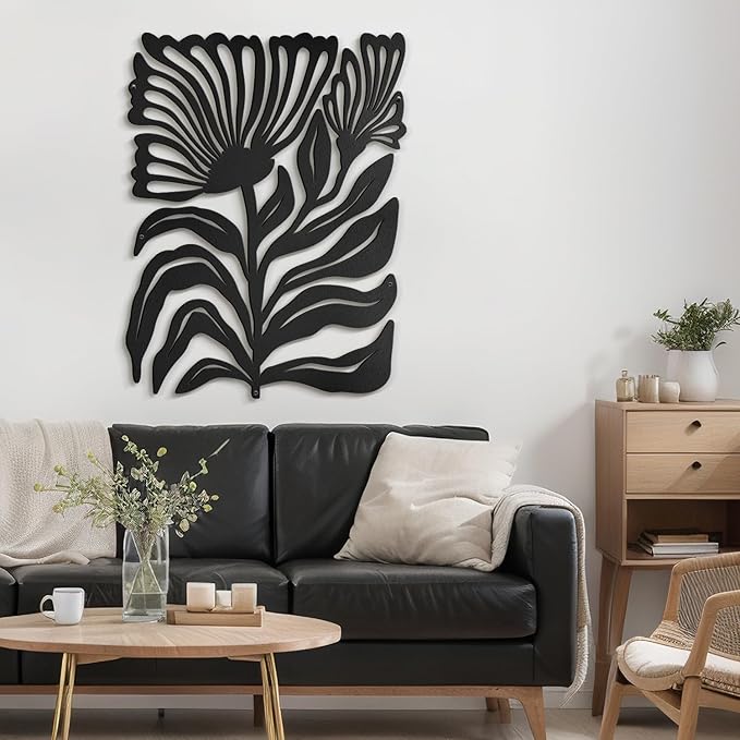 SIGNLEADER Metal Wall Art Decor Botanical Flower Minimalist Modern Abstract Wall Sculpture Hangings Home Decoration for Living Room, Bedroom, Bathroom, Kitchen, Outdoor - 24" Black