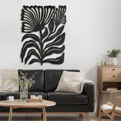 SIGNLEADER Metal Wall Art Decor Botanical Flower Minimalist Modern Abstract Wall Sculpture Hangings Home Decoration for Living Room, Bedroom, Bathroom, Kitchen, Outdoor - 24" Black