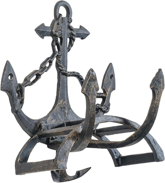 MyGift Brown Heavy Duty Cast Iron Outdoor Garden Hose Hanger Wall Mounted Water Hose Holder Reel with Vintage Scrollwork Design (Ship Anchor)