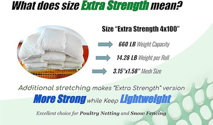 PotatoLife Plastic Mesh Fence Safety Fence, Extra Strength 4'x100' Roll with 100 Zip Ties, Resuable Temporary Netting for Garden Fencing, Construction, Snow Fencing, Animal Barrier, Poultry, Deer, Dog