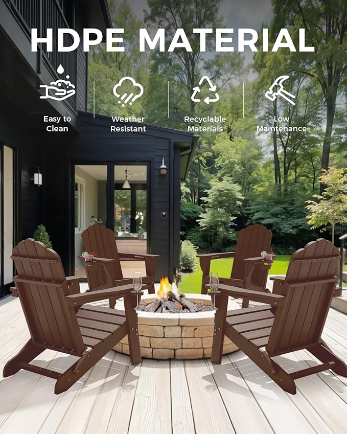 Adirondack Chairs Set of 4, Foldable Adirondack Chairs with 2 Cup Holder, Wood Texture HDPE Fire Pit Chairs, Outdoor Lawn Chair for Patio Garden, Brown