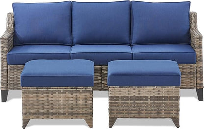 Buenhomino 3 Pieces Patio Furniture Sofa Set-Outdoor Wicker Patio Furniture Covered Couch with Multifunctional Ottoman and All-Weather Patio Conversation Set for Backyard Porch Garden Grey/Blue