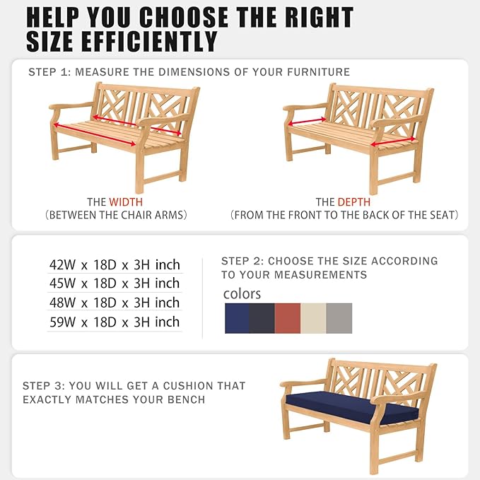 Favoyard Outdoor Bench Cushion 45 x 18 Inch Waterproof Patio Furniture Cushions 3-Year Color Fastness Garden Sofa Settee Couch Swing Pads with Handle and Attach Ties, Blue