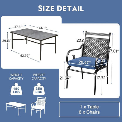 MELLCOM Patio Dining Chairs Set of 6, Heavy Duty Outdoor Dining Chairs with Armrests and Cushions, Iron Metal Patio Chairs for Outside, Garden Lawn & Porch, Backyard, Blue