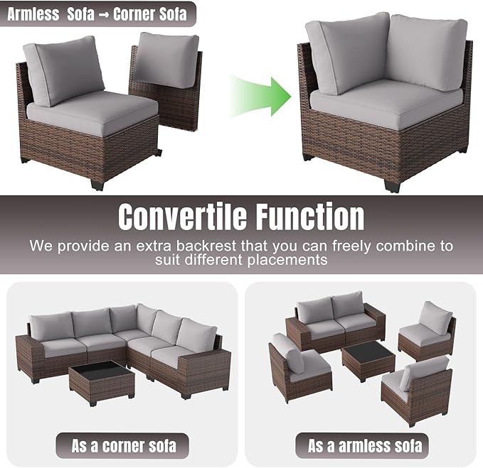 Aoxun 6 Pieces Patio Furniture Set Wicker Rattan Outdoor Sectional Conversation Set with Coffee Table and 4” Thickened Cushions, Gray (Waterproof Cover Included)