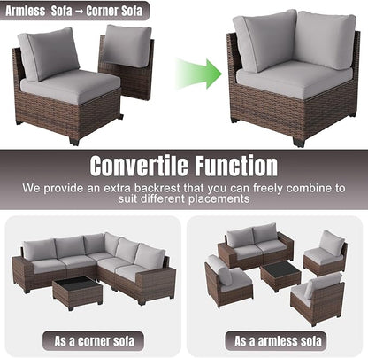 Aoxun 6 Pieces Patio Furniture Set Wicker Rattan Outdoor Sectional Conversation Set with Coffee Table and 4” Thickened Cushions, Gray (Waterproof Cover Included)