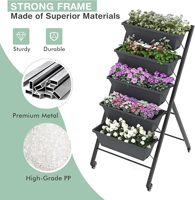 Vertical Garden Bed with Wheels, 5 Tier Raised Garden Bed w/Removable Planter Boxes, Lockable Wheels, Drainage Holes, Rolling Vertical Planter for Herb Vegetable Flower, Outdoor Patio Balcony