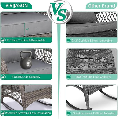 VIVIJASON 3-Piece Outdoor Conversation Bistro Set, Patio Wicker Rocking Chairs Rattan Furniture Sets w/ 2 Rattan Chairs, Cushions, Glass Top Side Table for Garden Porch Backyard (Grey)