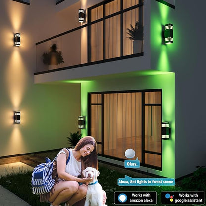 Smart Outdoor Sconce Lights 2 Pack, Up Down Wall Porch Lights RGB Color Changing WiFi APP Control, Dimmable LED Exterior Wall Lighting Fixtures Work with Alexa,No Hub Required,ETL Listed
