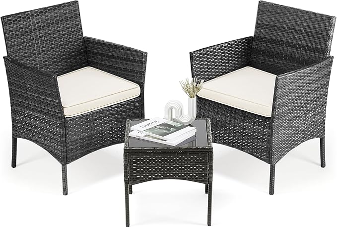DUMOS 3 Piece Patio Furniture Set, All-Weather Outdoor Wicker Chairs with Removable Cushions & Tempered Glass Table, Small Bistro Set for Porch, Balcony, Lawn, Backyard, Black