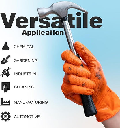Raxwell Orange Nitrile Gloves 8.5 Mil - Powder-Free Puncture-Resistant Protection - Diamond-Texture Work Gloves with Grip