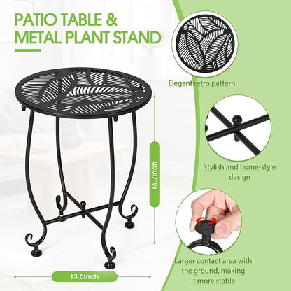Thyle 2 Pcs Outdoor Side Table with Flower Cutout 13" Metal Small Round Weather Resistant Patio Side Tables for Outside, Balcony, Porch, Garden Bistro Indoor Outdoor Yard(Tropical Leaf)