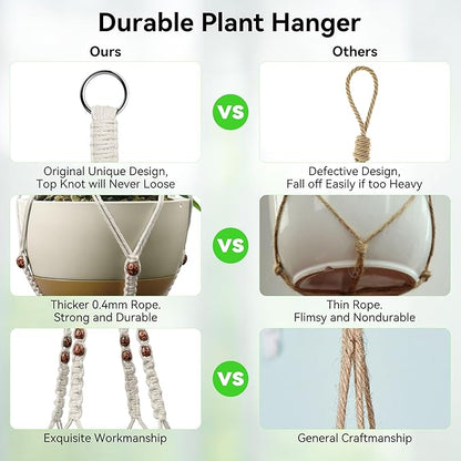 USLAI Macrame Plant Hanger Indoor Outdoor, Fits 4 to 15 Inch Pots, Strong Hanging Planter Holder, Boho Home Decor, 35+35 Inch, Ivory+Red Bead, Set of 2 (POTS NOT Included)