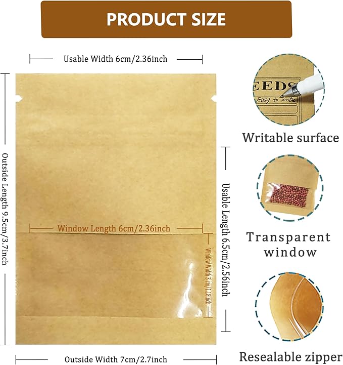 PABCK 100 Pack Small Resealable Seed Envelopes with Clear Window 2.7x3.7inch Brown Kraft Paper Packet with Preprinted Seed Collecting Template for Seed Flower Vegetable Plants Garden Storage Packaging
