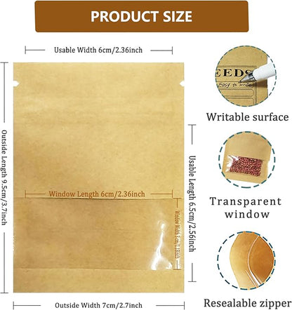 PABCK 100 Pack Small Resealable Seed Envelopes with Clear Window 2.7x3.7inch Brown Kraft Paper Packet with Preprinted Seed Collecting Template for Seed Flower Vegetable Plants Garden Storage Packaging
