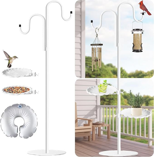 Upgraded 74" Shepherd's Hook Stand Plant，Bird Feeder，White Wind Chime Hanger Stand, Waterproof Metal & Adjustable-Height Standing Pole Holder for Wreath, Indoor & Outdoor（2 Placement Racks