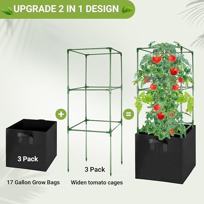 6 Pack Tomato Cages with 17 Gallon Grow Bags, 47” Heavy Duty Square Tomato Plant Stakes Support Cages Trellis for Garden Climbing Vegetables Flowers Fruits (47IN Tall, Extra-Bold)