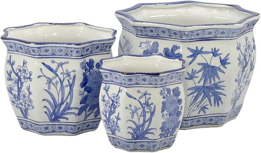 Galt International Blue & White Round Fluted Floral Palm Lotus Porcelain Ceramic Plant Flower Planter Pot Set of 3 (7.5", 10", 13") Garden Pots Chinese Asian Design