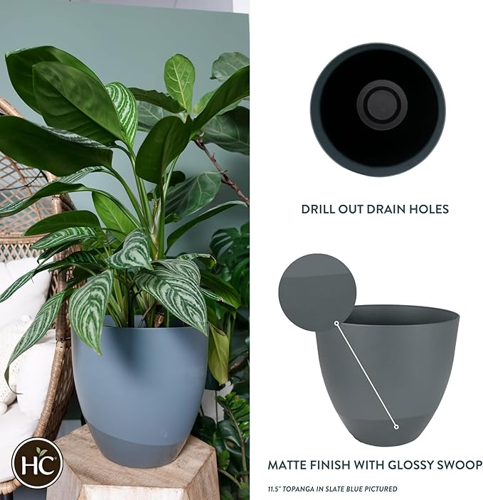 The HC Companies 11.5 Inch Topanga Decorative Round Planter - Lightweight Premium Resin Plant Pot with a Ceramic Look for Indoor Outdoor Use, Slate Blue Swoop