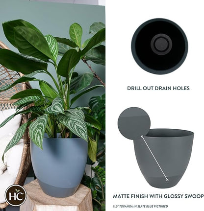 The HC Companies 11.5 Inch Topanga Decorative Round Planter - Lightweight Premium Resin Plant Pot with a Ceramic Look for Indoor Outdoor Use, Slate Blue Swoop