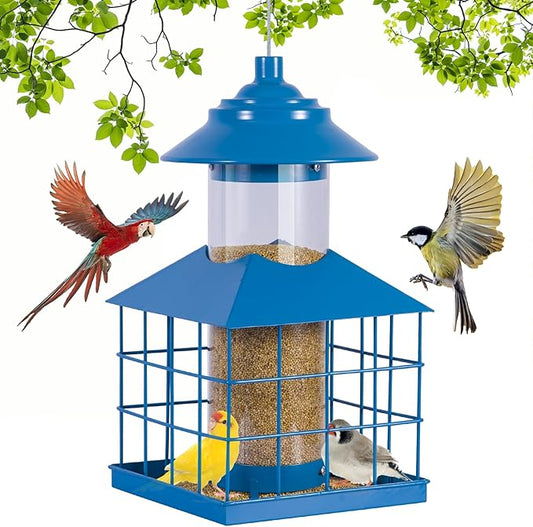 Squirrel Proof Bird Feeder, Hanging Metal Cage Bird Feeders for Outdoors, Weather Resistant Wild Bird Feeders with Finch Cardinal Chickadee, 3.4 LB Large Capacity,Blue