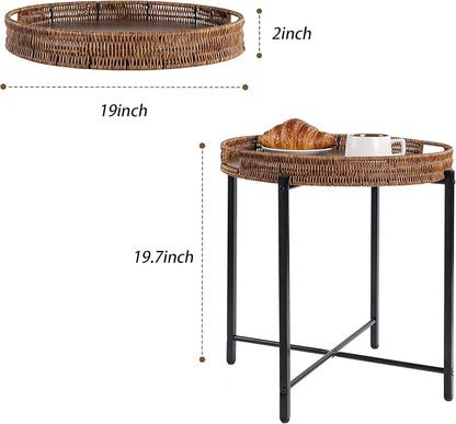 19in Round Rattan Side Table with Wooden Tray，Small Round Wicker Wooden End Table，Rattan End Table for Indoor Use, Living Room, Bedroom, Office, Balcony-Brown