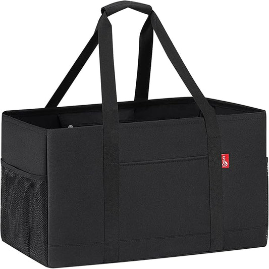 Extra Large Utility Tote Bag, Foldable Reusable Grocery Bags with Metal Wire Frame & Reinforced Bottom Board, Stand Up Large Utility Tote for Shopping, Beach Bag, Laundry, Car (Black)