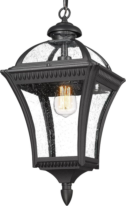 Emliviar Farmhouse Outdoor Pendant Light for Porch, 21" Industrial Large Hanging Lantern Light for Outside Patio with Seeded Glass, Black Finish, XE266H BK