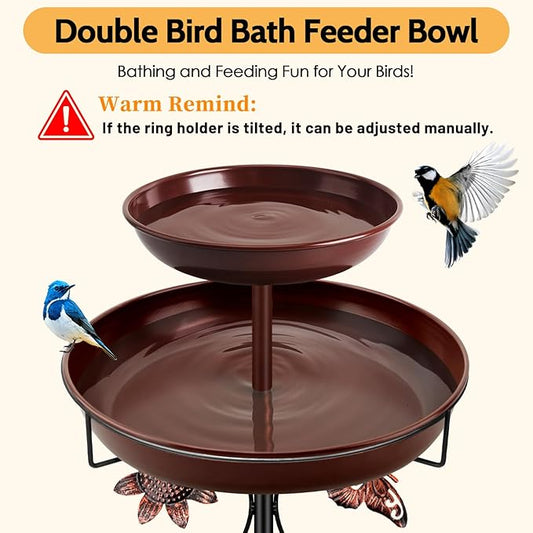 Daoeny Bird Bath for Outside, 42In Vintage Freestanding Birdbaths for Outdoors, Double Metal Bird Bath Feeder Bowls for Garden Patio Yard Lawn Decor, Upgraded 5-Pronged Base (Brown)