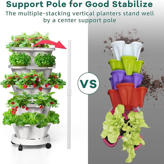 6 Tiered Strawberry Planters, Vertical Garden Tower, Stacking Planter with Support Pole, Stackable Herb Vegetable Planters Indoor and Outdoor - Black