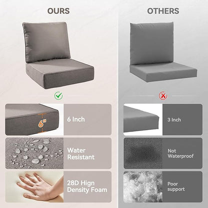 Luxury 6" Outdoor Cushions for Patio Furniture, 24x24x6" Thick Seat Cushion Set of 2, Fade Resistant Couch Chair Replacement Cushions High Density Deep Wicker Chair Cushion w/ Removable Cover Gray