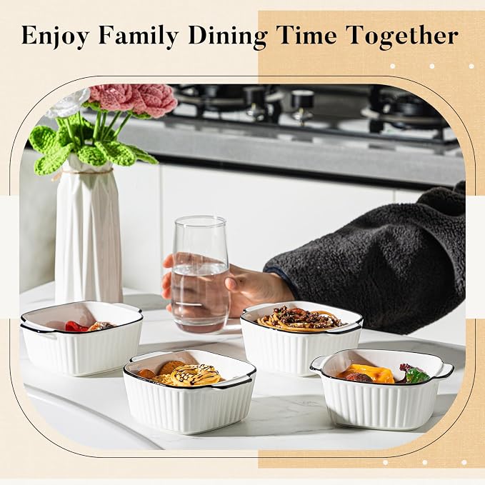 Maxdot 4 Pcs Ceramic Baking Dishes Porcelain Soup Bowls 5.75 Inches Ceramic Square Cereal Bowls with Handles for Kitchen Air Fryer Oven Microwave Safe Serving Mother's Day Wedding Party Gift