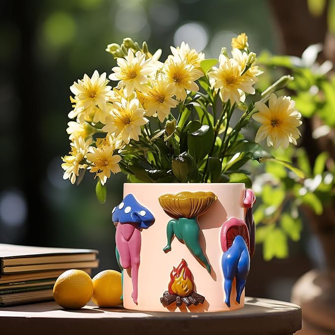 GUGUGO Unique Mushroom Lady Body Plant Pots, Cute Quirky Garden Planters, Boho Funky Eclectic Home Decor, Mushroom Lady Butt Flower Pots, Succulent Planter, Modern Aesthetic for Decorating, Pale Pink