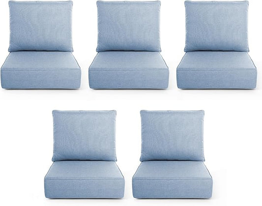 Outdoor Chair Cushions, 6 Inch Thick Patio Seat & Back Cushions Set with Removable Cover, Waterproof Patio Cushions for Outdoor Furniture, 22 x 24 Inch, Baby Blue 5-Set