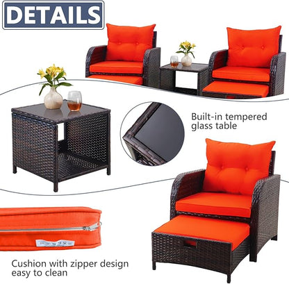 5 Pieces Wicker Patio Chairs Set with Ottomans, Orange Cushioned Lounge Chairs Set of 2 with Ottoman, PE Rattan Outdoor Furniture with Ottoman Set for Balcony Porch
