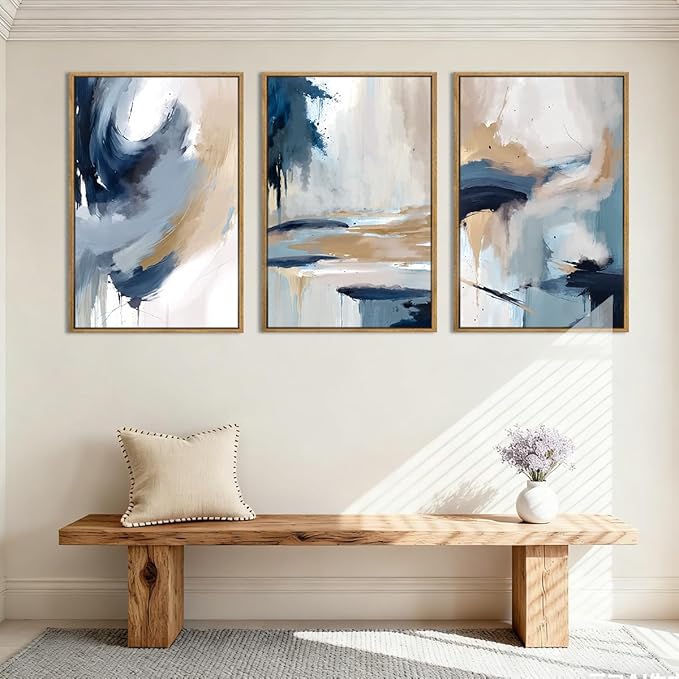 Anyzal Extra Large Blue Abstract Wall Art Framed 24x36 Inch Neutral Modern Canvas Wall Decor Minimalist Pastel Artwork for Living Room Bedroom Dining room Set of 3
